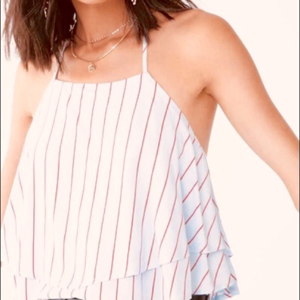 2 layer adjustable halter flutter Blouse white w taupe stripes breezy summer top